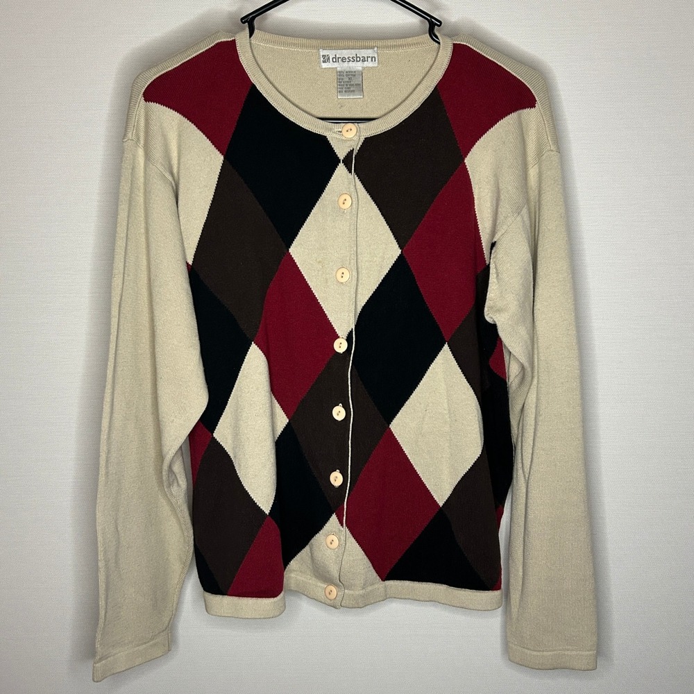 Dressbarn Argyle Cardigan Sweater Women XL Beige Red Brown Black Tan Knit Preppy